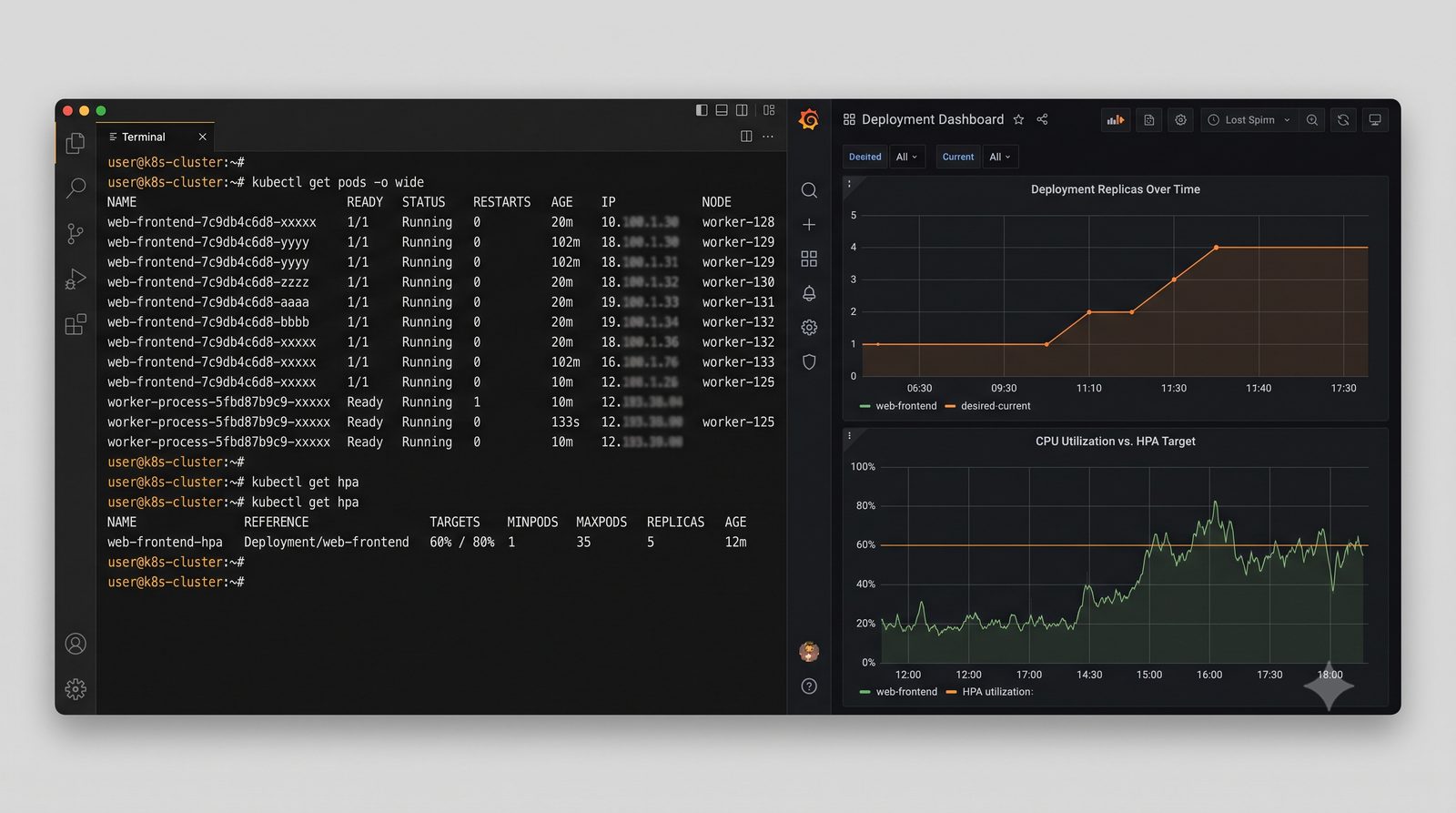 Terminal corriendo comandos kubectl junto a un dashboard de despliegue