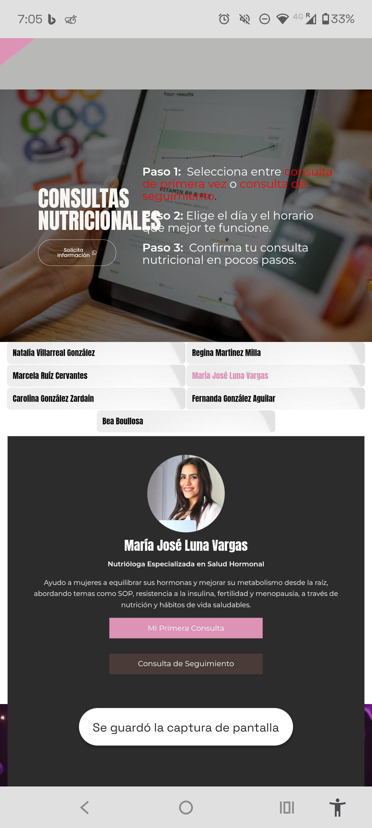 Lista de selección de especialista con un embed de agendamiento Cal.com para un perfil de nutrióloga