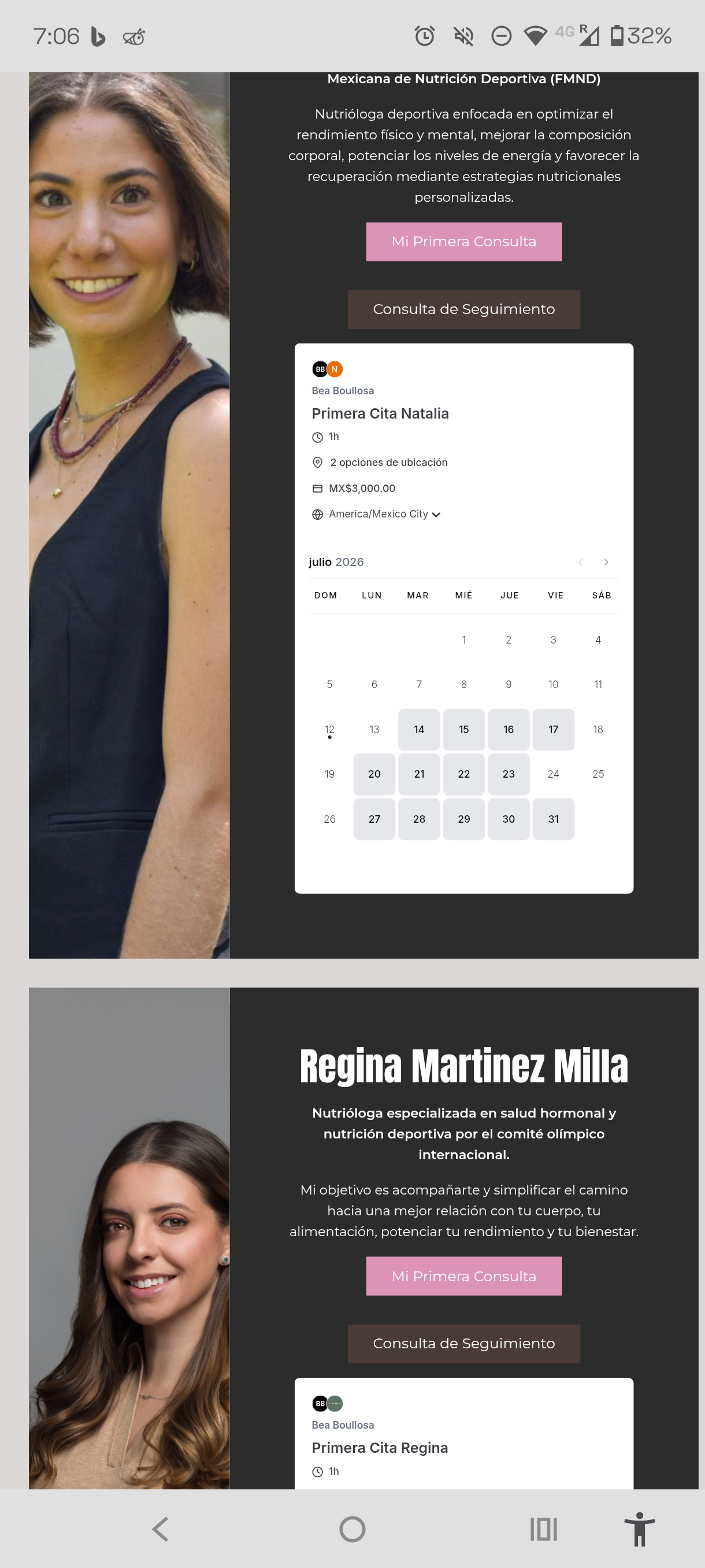 Dos perfiles más de nutriólogas, cada una con su propio calendario Cal.com independiente