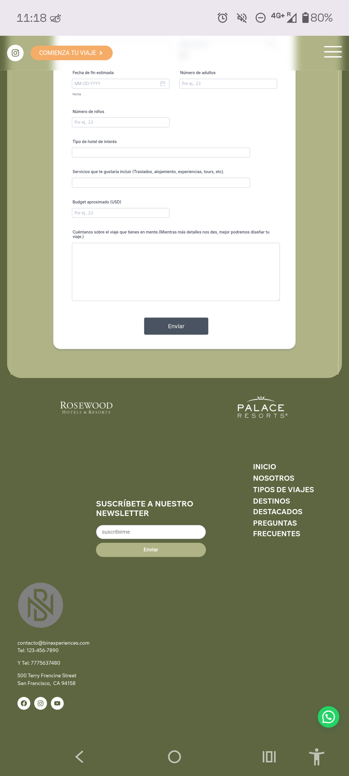 Pie de página con registro a newsletter y logos de las marcas Rosewood y Palace Resorts