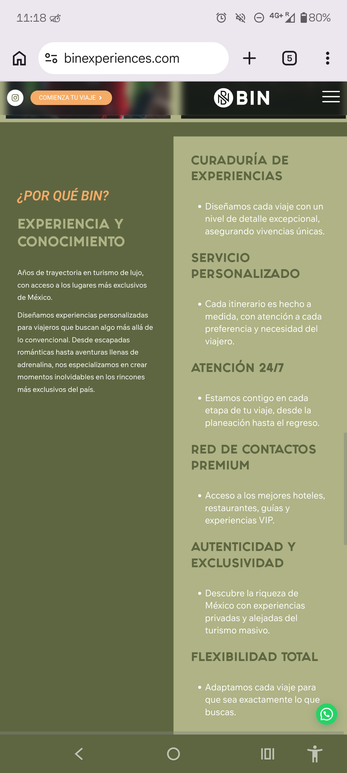 Sección ¿Por qué BIN? con curaduría, servicio personalizado, atención 24/7 y red de hoteles premium
