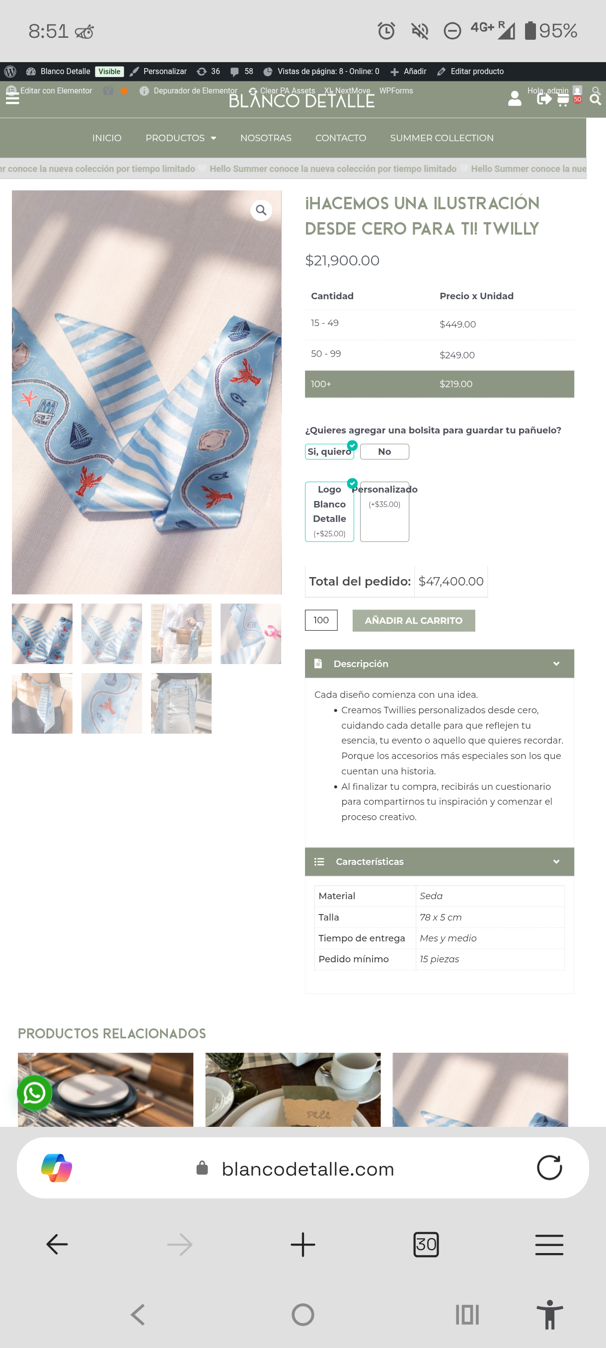 Configurador de producto recalculando el total de un pedido de 100 piezas con bolsita personalizada