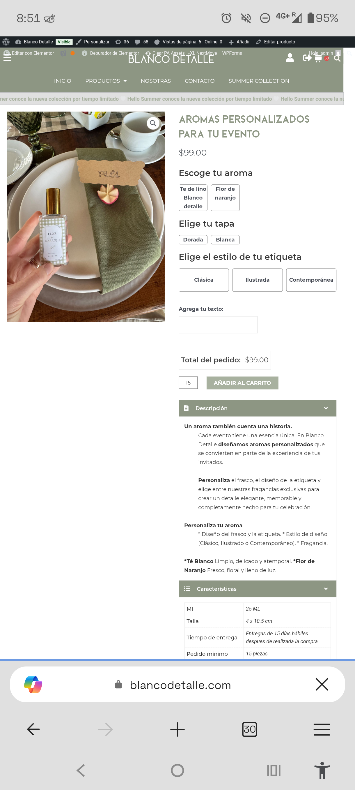Página de producto de aroma personalizado con opciones de tapa, estilo de etiqueta y texto libre
