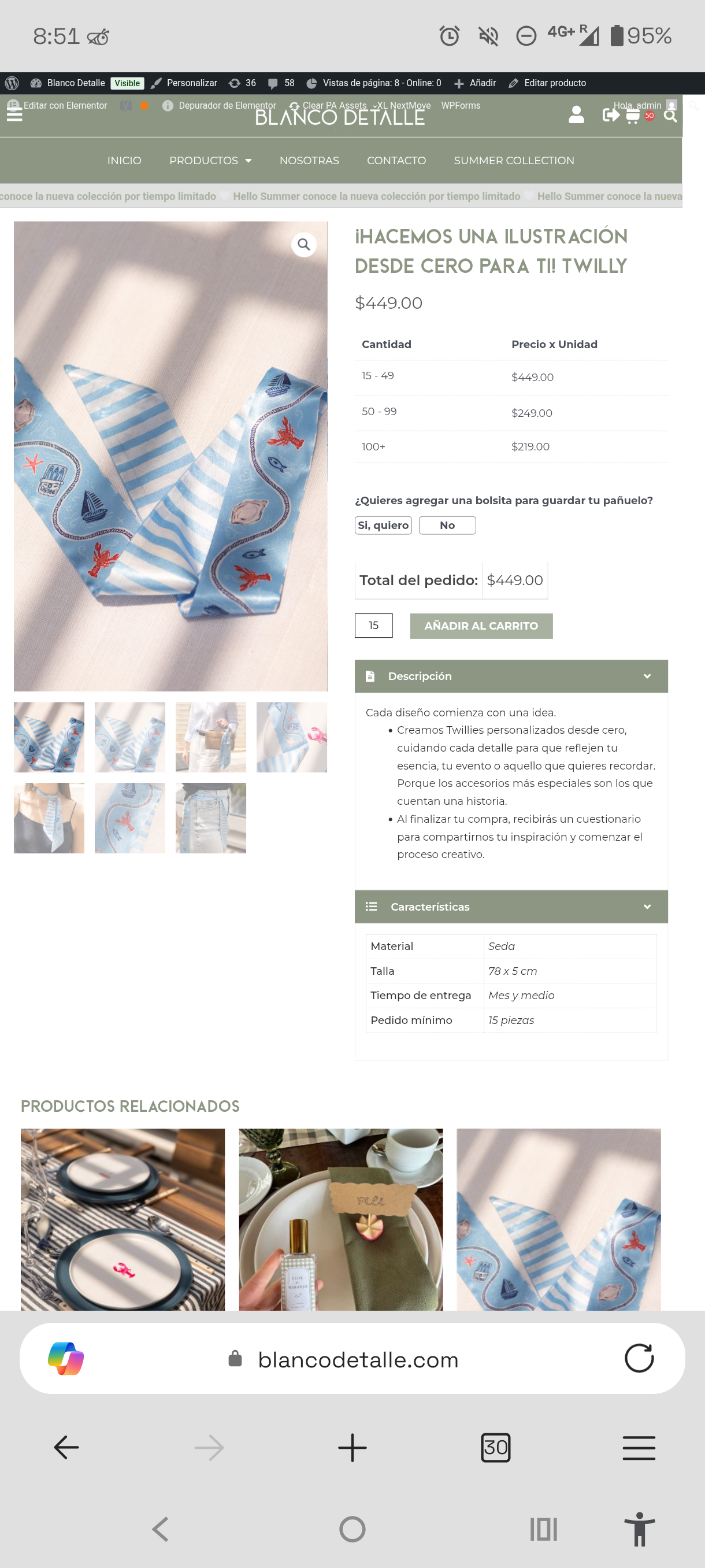 Página de producto Twilly con tabla de precios escalonados B2B y opciones de bolsita