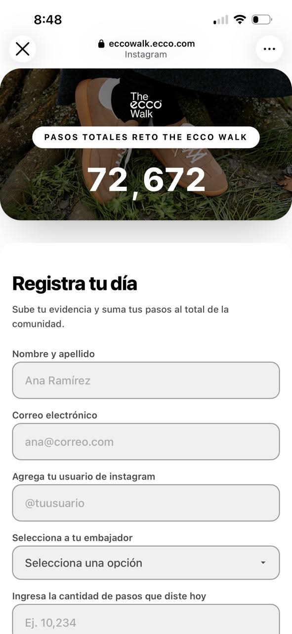Formulario público de registro diario de pasos de The ECCO Walk