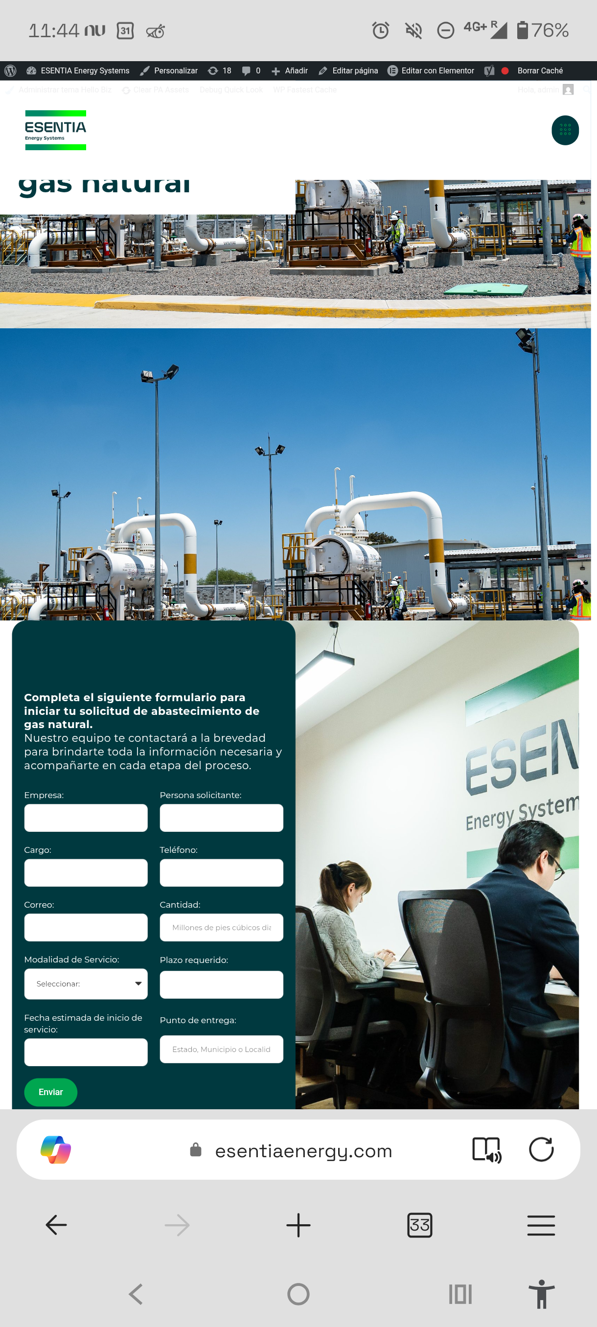 Formulario dinámico de solicitud de abastecimiento de gas natural con campos propios de ese tipo de usuario