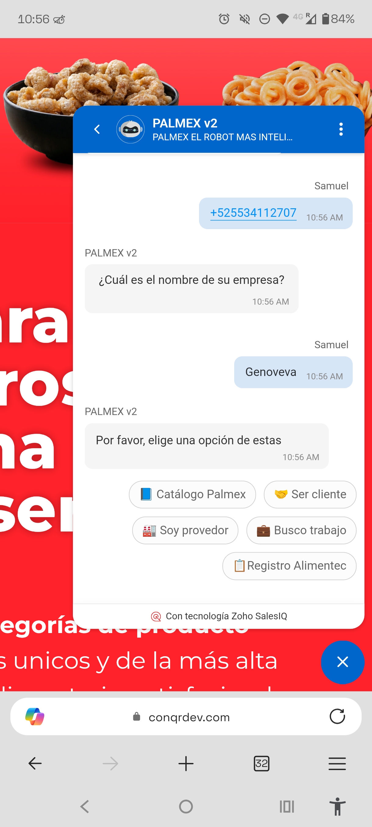 Menú de intenciones del Zobot: catálogo, ser cliente, ser proveedor, bolsa de trabajo, registro a feria