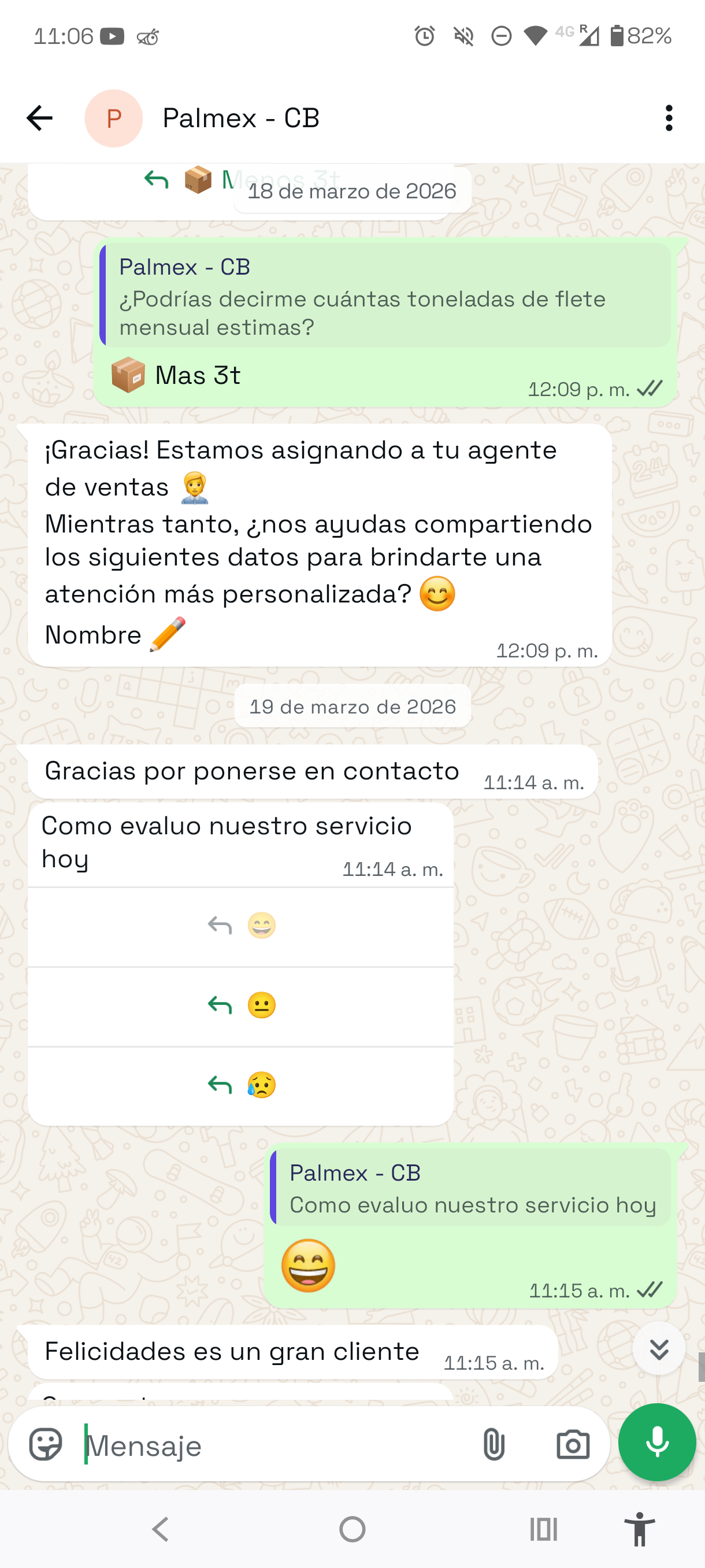 Conversación de WhatsApp Business con transferencia a agente en vivo y encuesta CSAT