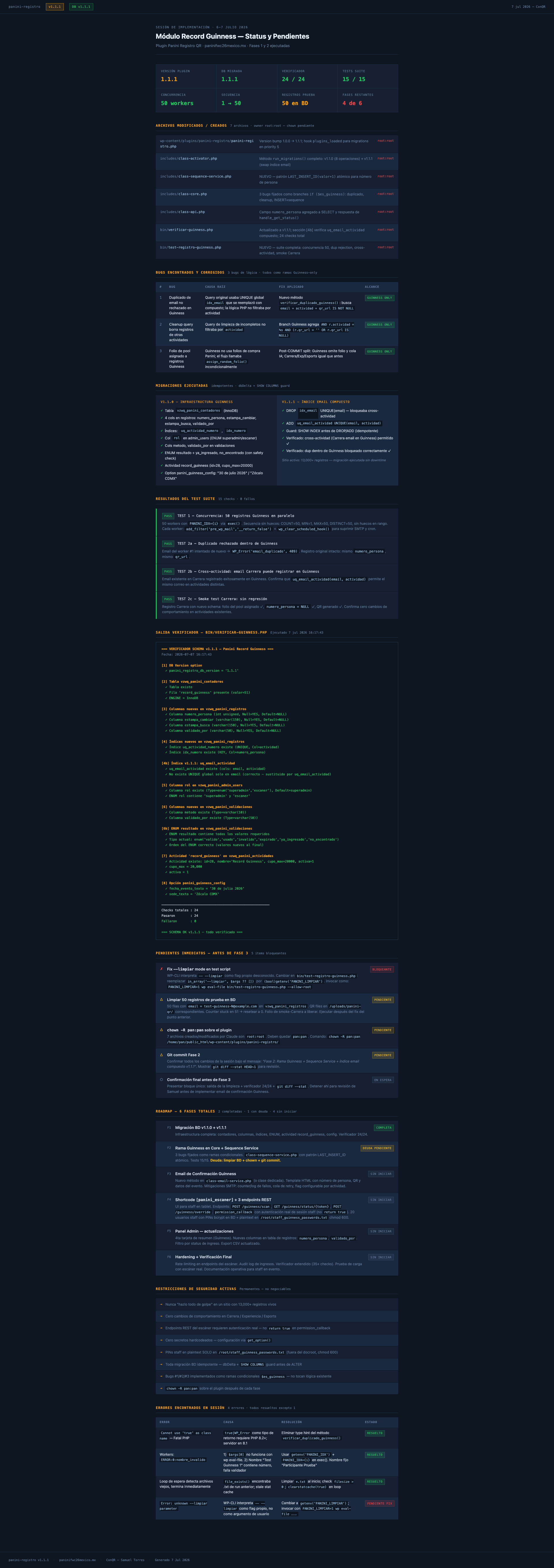 Dashboard de estatus de implementación: migraciones, bugs corregidos y resultados de test suite