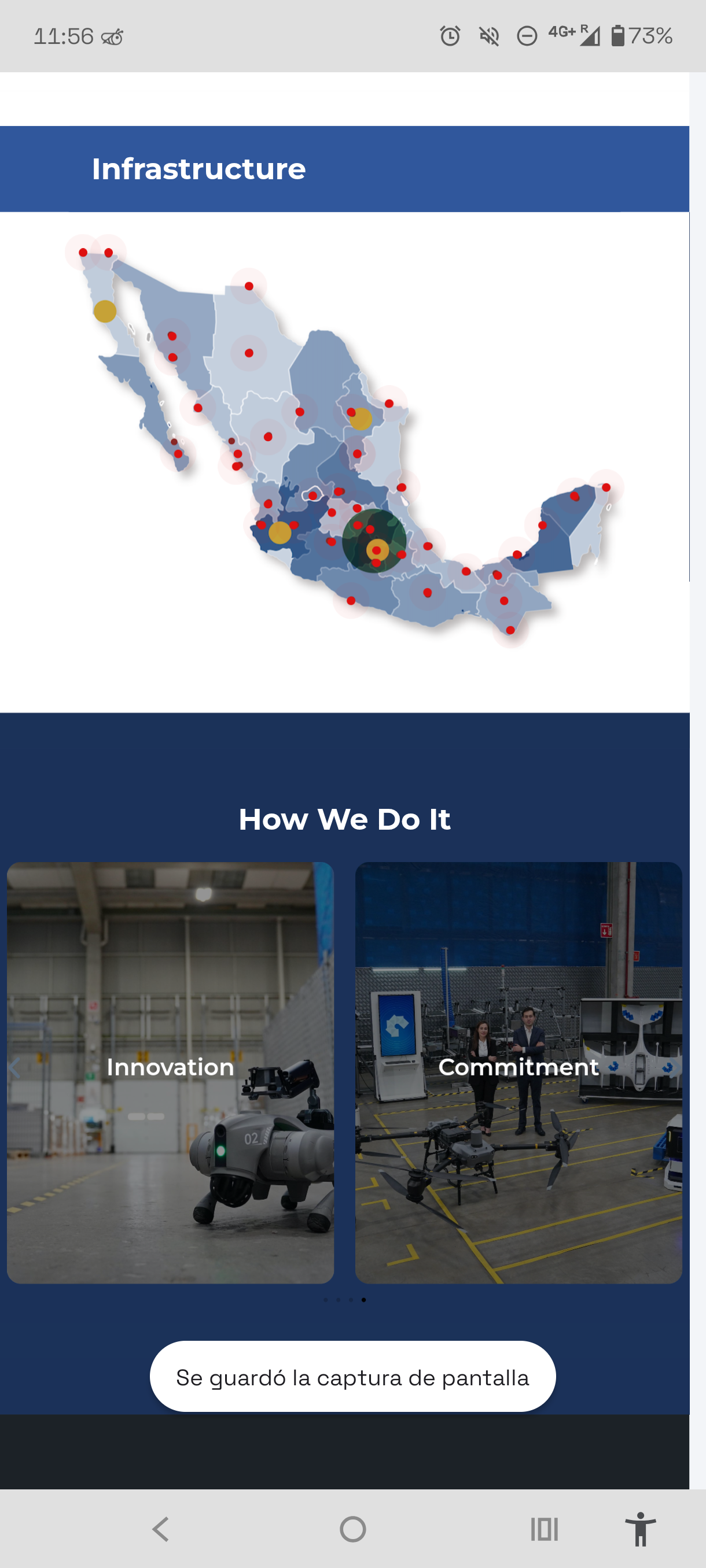 Mapa interactivo de México mostrando hubs de infraestructura, más un carrusel de Innovación/Compromiso con drones y robots
