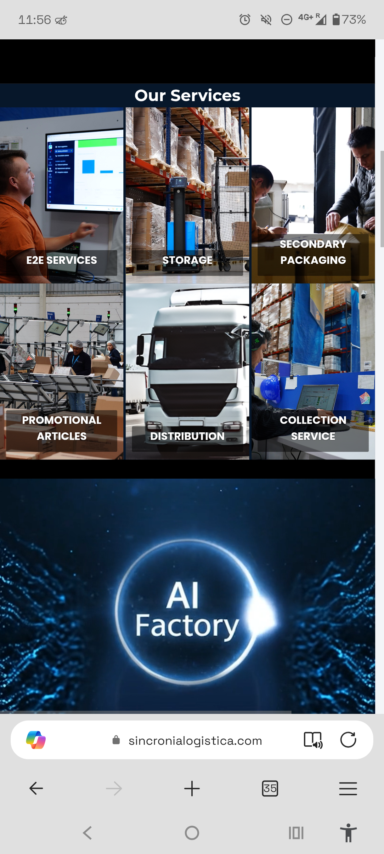 Grid de servicios y sección AI Factory de Sincronía Logística